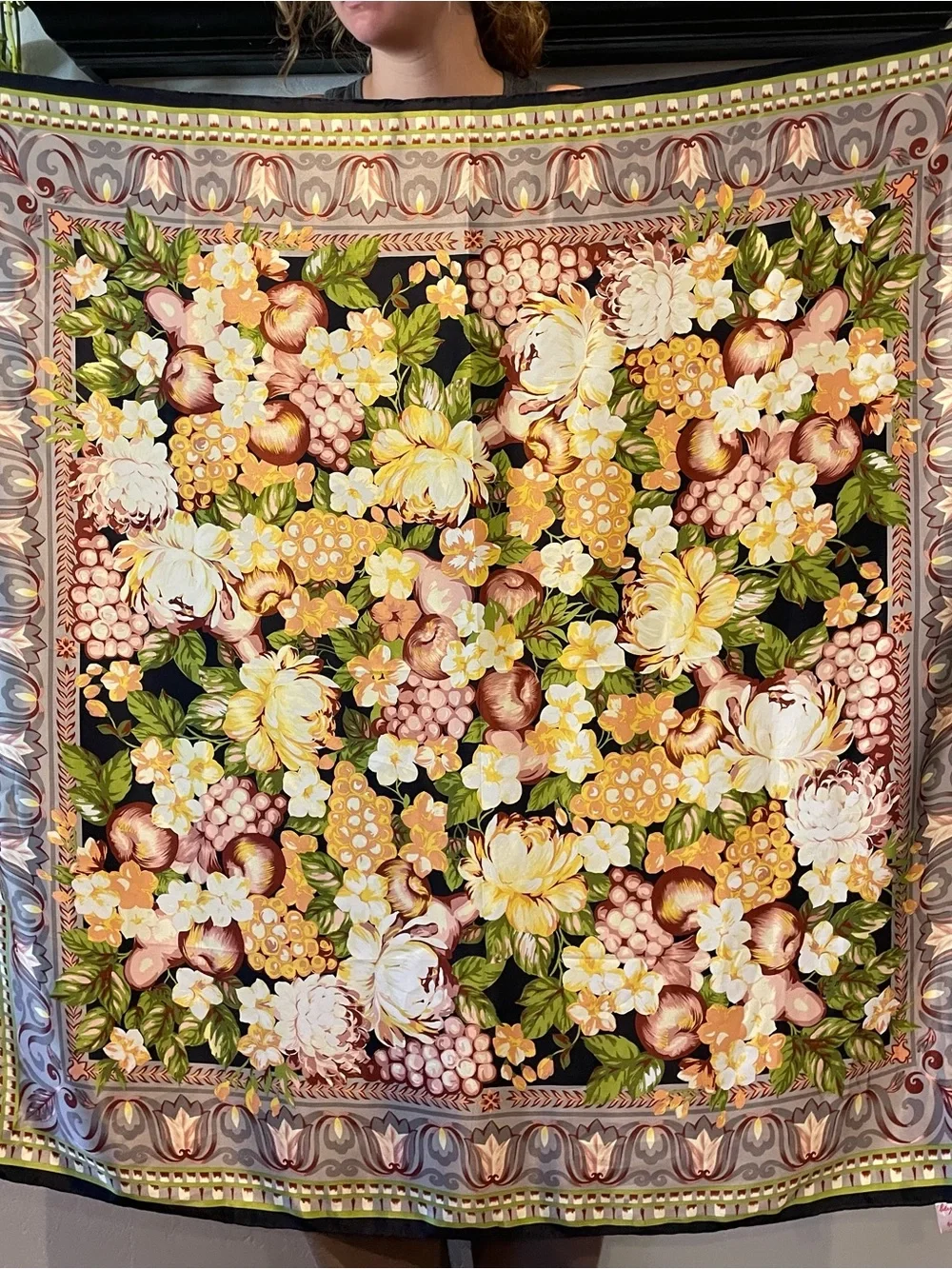 Pristine vintage 100% silk Floral Fruit Print Scarf - Yellow, Green, Black